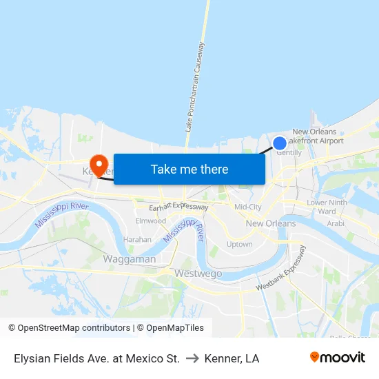 Elysian Fields Ave. at Mexico St. to Kenner, LA map