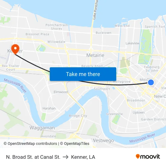 N. Broad St. at Canal St. to Kenner, LA map