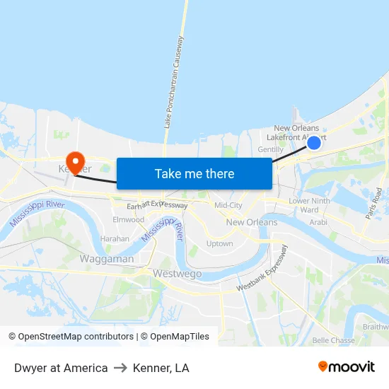 Dwyer at America to Kenner, LA map