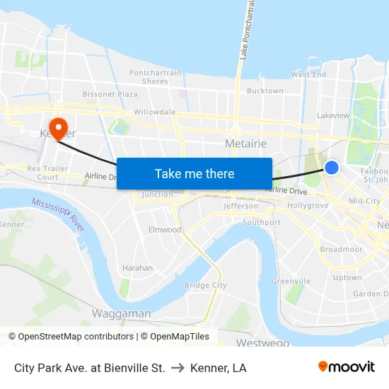 City Park Ave. at Bienville St. to Kenner, LA map