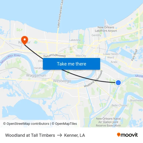 Woodland at Tall Timbers to Kenner, LA map