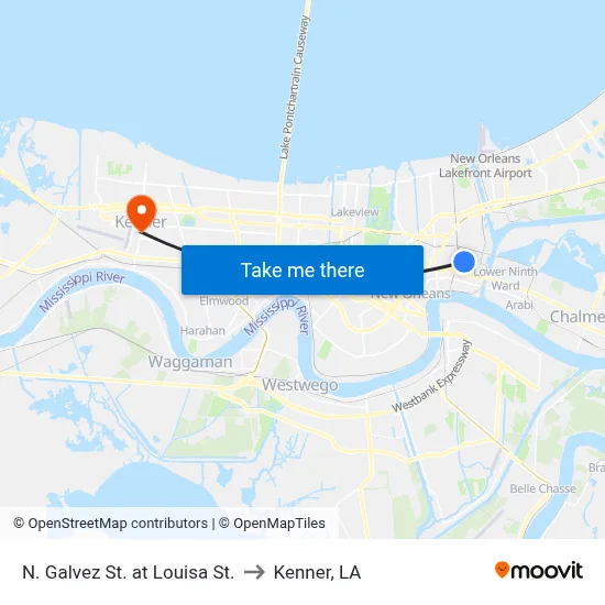 N. Galvez St. at Louisa St. to Kenner, LA map
