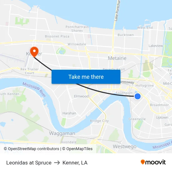 Leonidas at Spruce to Kenner, LA map