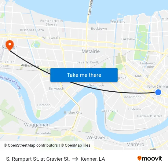 S. Rampart St. at Gravier St. to Kenner, LA map