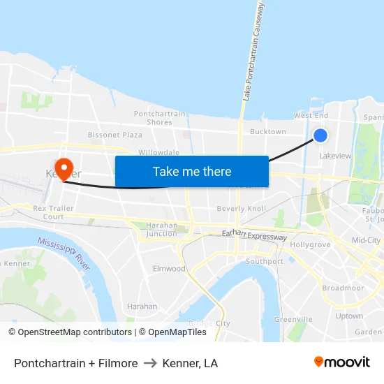 Pontchartrain + Filmore to Kenner, LA map