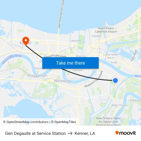 Gen Degaulle at Service Station to Kenner, LA map