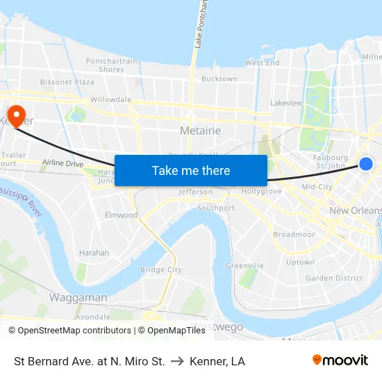 St Bernard Ave. at N. Miro St. to Kenner, LA map