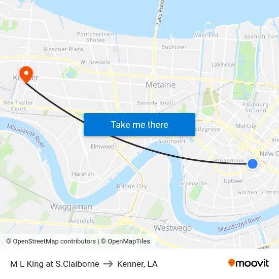 M L King at S.Claiborne to Kenner, LA map