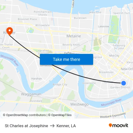 St Charles at Josephine to Kenner, LA map