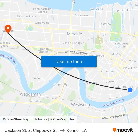 Jackson St. at Chippewa St. to Kenner, LA map