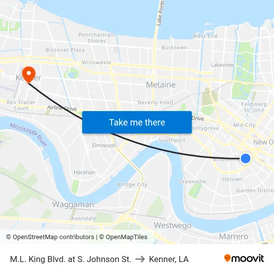 M.L. King Blvd. at S. Johnson St. to Kenner, LA map