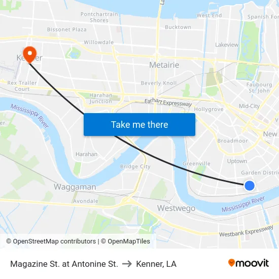 Magazine St. at Antonine St. to Kenner, LA map