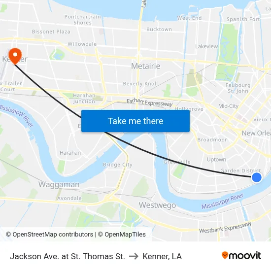 Jackson Ave. at St. Thomas St. to Kenner, LA map