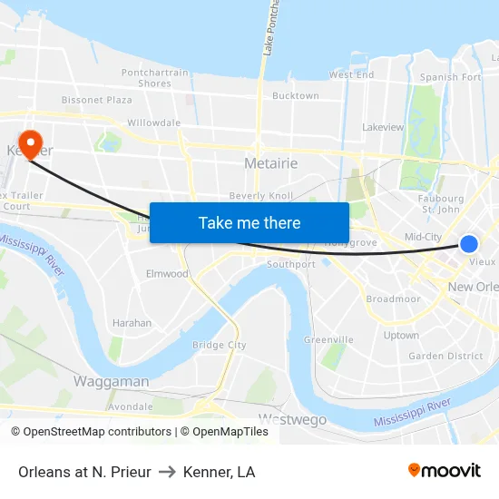 Orleans at N. Prieur to Kenner, LA map