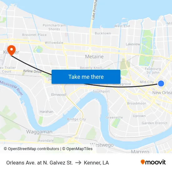 Orleans Ave. at N. Galvez St. to Kenner, LA map