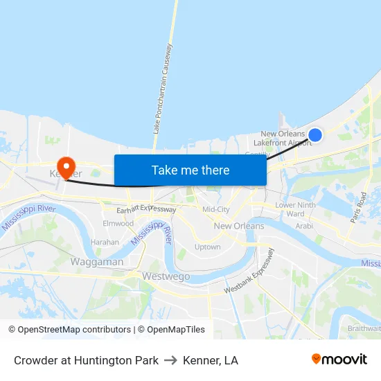 Crowder at Huntington Park to Kenner, LA map