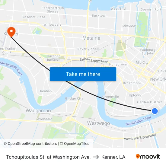 Tchoupitoulas St. at Washington Ave. to Kenner, LA map