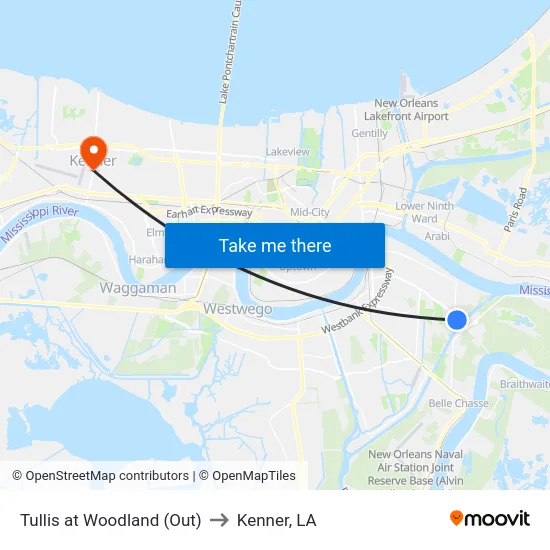 Tullis at Woodland (Out) to Kenner, LA map