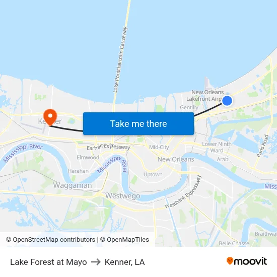 Lake Forest at Mayo to Kenner, LA map