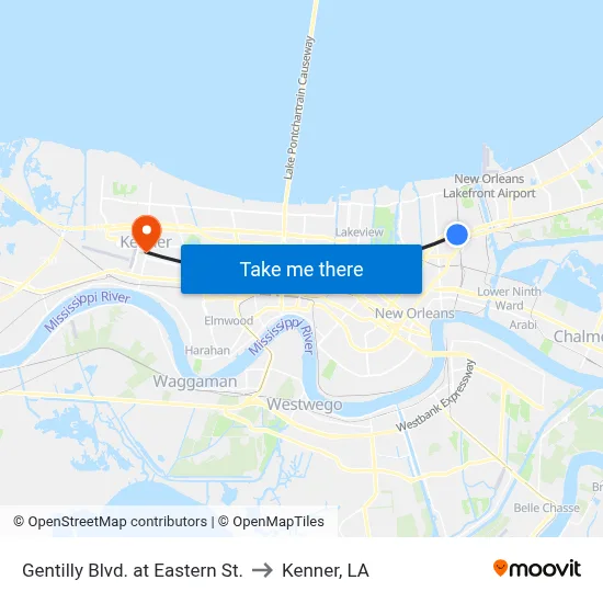 Gentilly Blvd. at Eastern St. to Kenner, LA map
