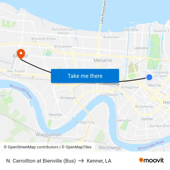 N. Carrollton at Bienville (Bus) to Kenner, LA map
