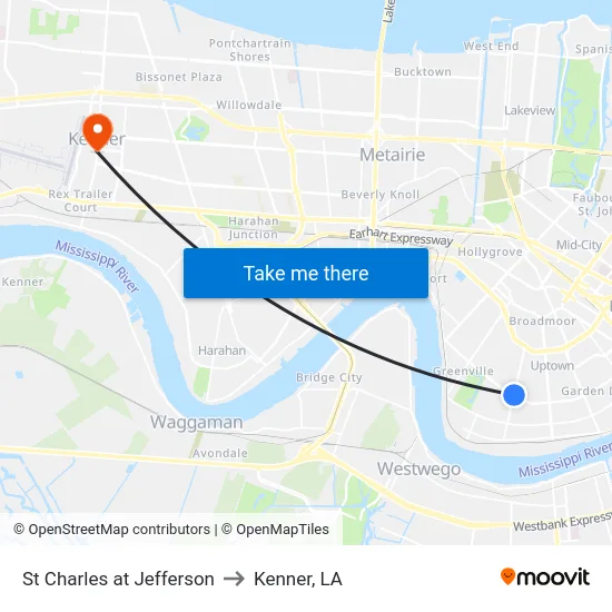 St Charles at Jefferson to Kenner, LA map