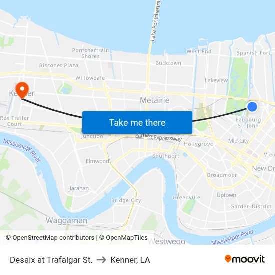 Desaix at Trafalgar St. to Kenner, LA map