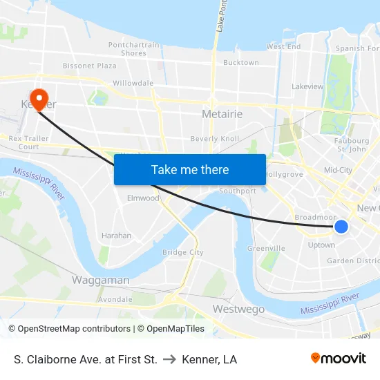 S. Claiborne Ave. at First St. to Kenner, LA map