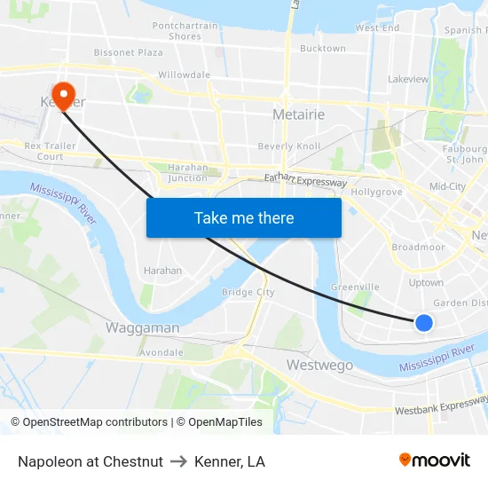 Napoleon at Chestnut to Kenner, LA map