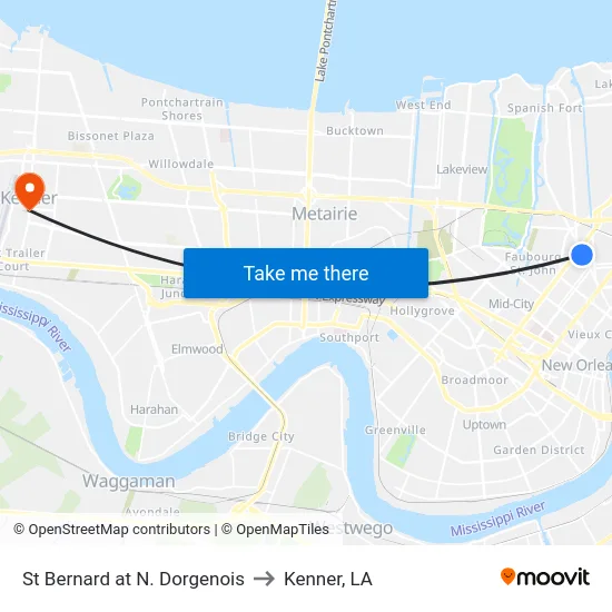 St Bernard at N. Dorgenois to Kenner, LA map
