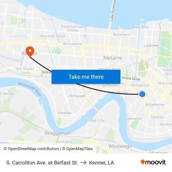 S. Carrollton Ave. at Belfast St. to Kenner, LA map