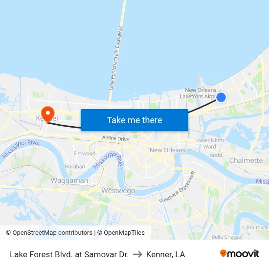Lake Forest Blvd. at Samovar Dr. to Kenner, LA map