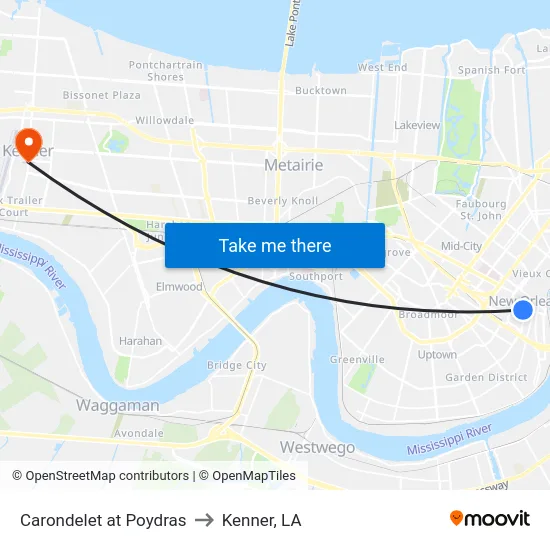Carondelet at Poydras to Kenner, LA map