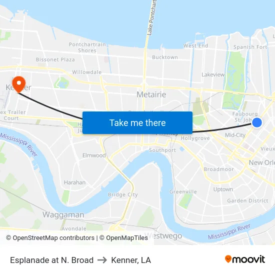 Esplanade at N. Broad to Kenner, LA map