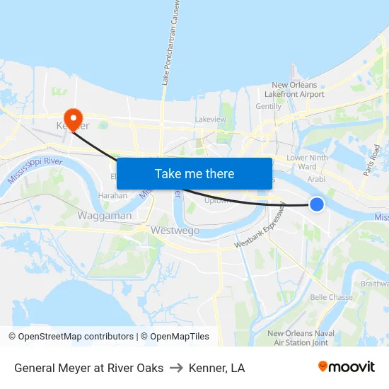 General Meyer at River Oaks to Kenner, LA map