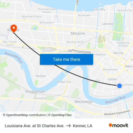 Louisiana Ave. at St Charles Ave. to Kenner, LA map