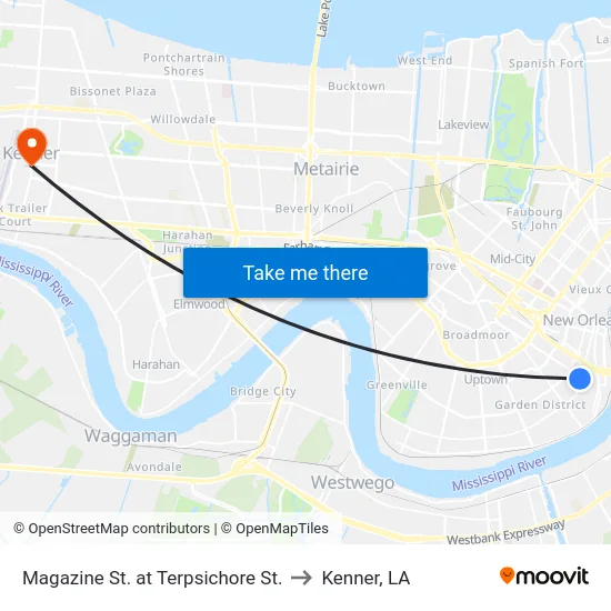 Magazine St. at Terpsichore St. to Kenner, LA map