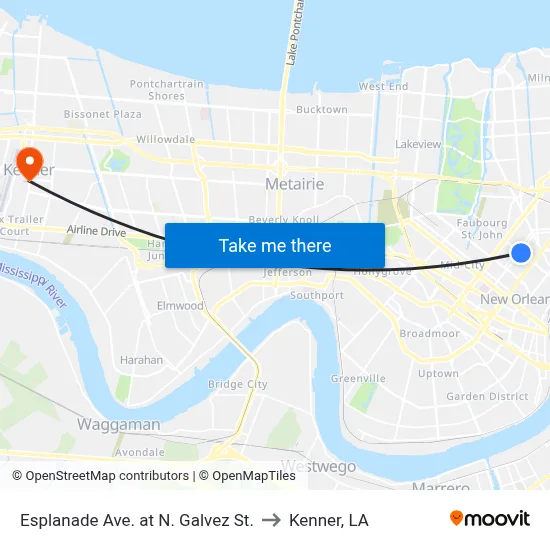 Esplanade Ave. at N. Galvez St. to Kenner, LA map