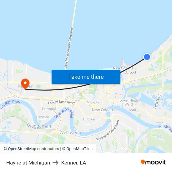 Hayne at Michigan to Kenner, LA map