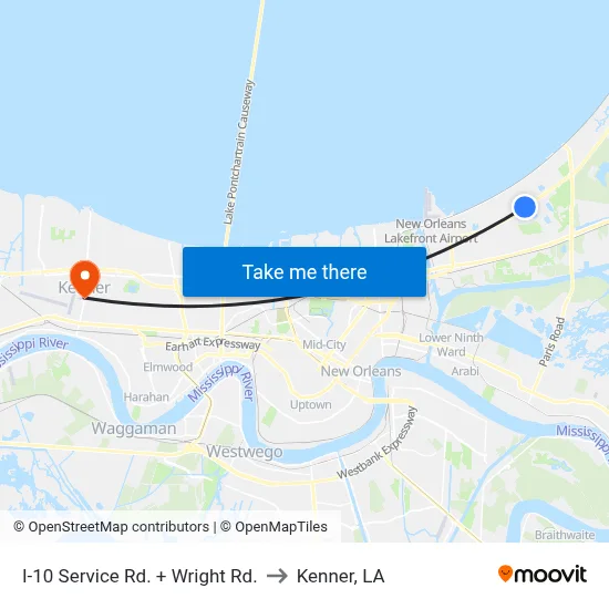 I-10 Service Rd. + Wright Rd. to Kenner, LA map