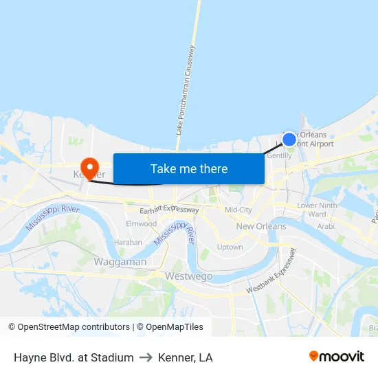 Hayne Blvd. at Stadium to Kenner, LA map