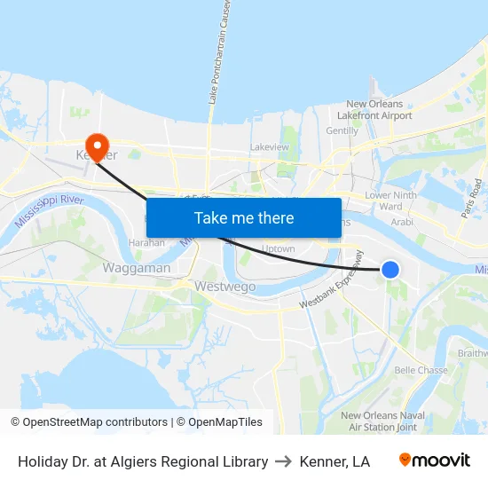 Holiday Dr. at Algiers Regional Library to Kenner, LA map