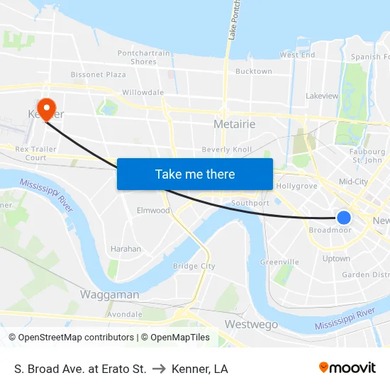 S. Broad Ave. at Erato St. to Kenner, LA map