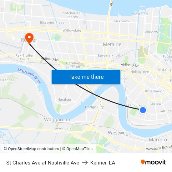 St Charles Ave at Nashville Ave to Kenner, LA map