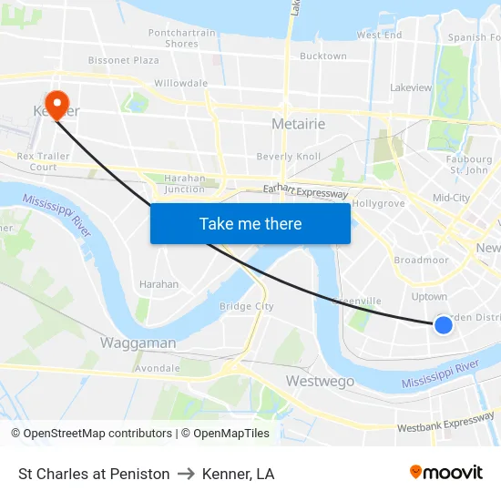 St Charles at Peniston to Kenner, LA map