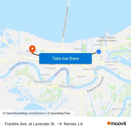 Franklin Ave. at Lavender St. to Kenner, LA map