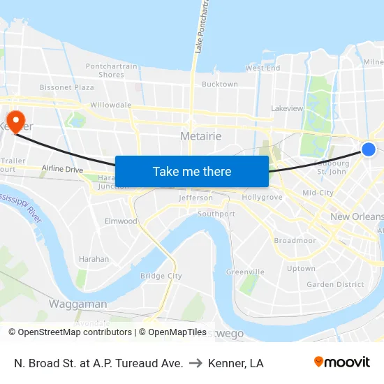 N. Broad St. at A.P. Tureaud Ave. to Kenner, LA map
