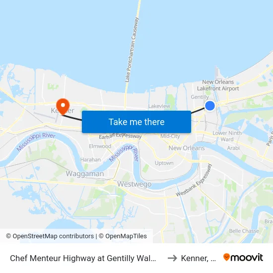 Chef Menteur Highway at Gentilly Walmart to Kenner, LA map