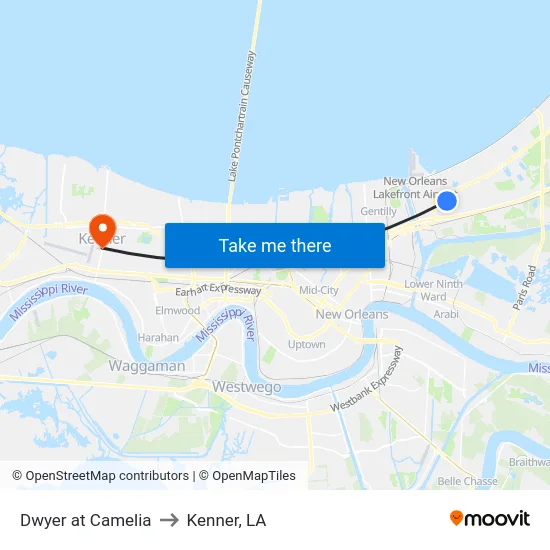 Dwyer at Camelia to Kenner, LA map