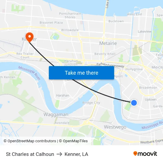 St Charles at Calhoun to Kenner, LA map